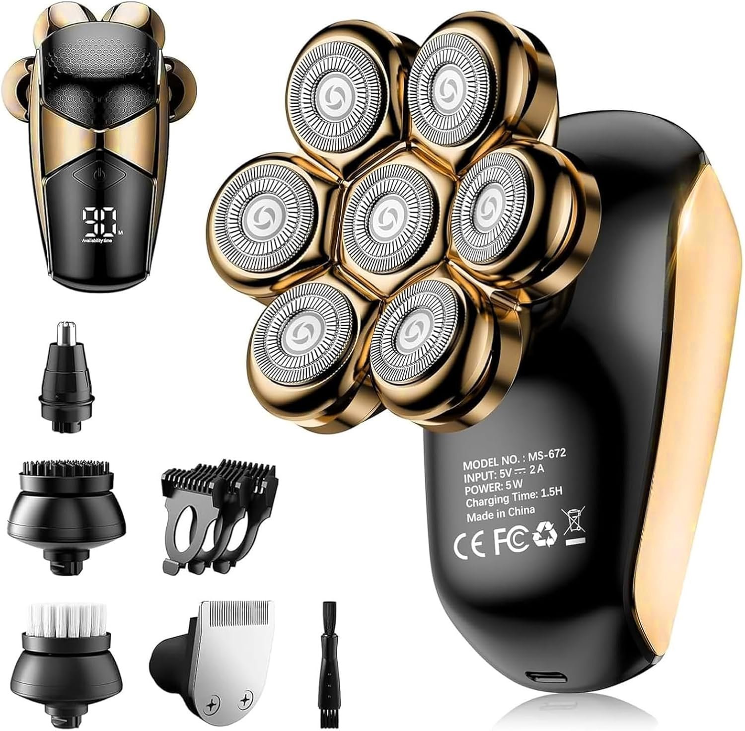 SHPAVVER 7-head rotary electric head shaver with nose trimmer and accessories
