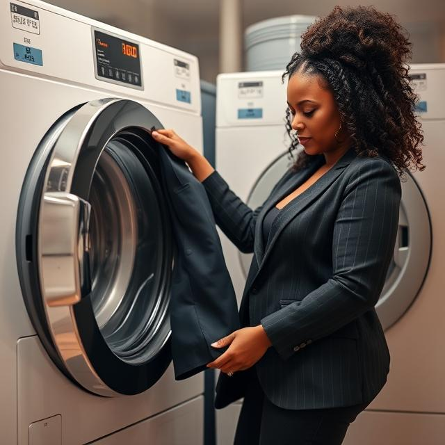 black woman putting a suit in a washing machine