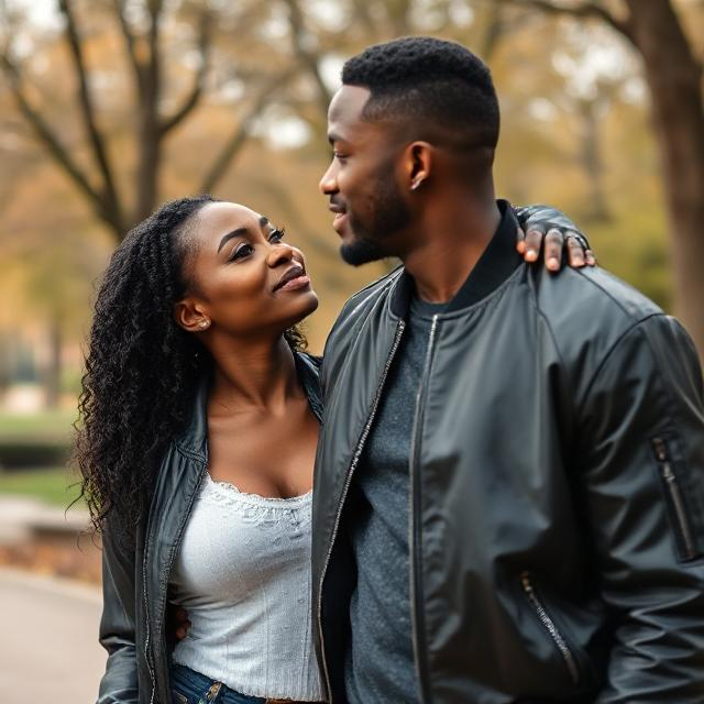 black man and woman wearing bomber jackets in a park 