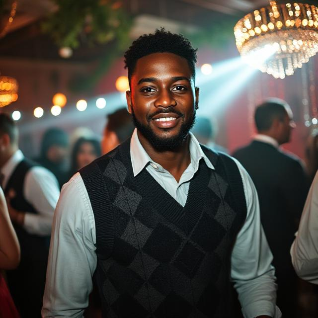 black man wearing a sweater vest at a party