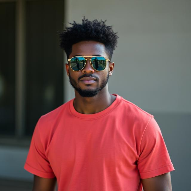 black man wearing red basic tee with sunglasses