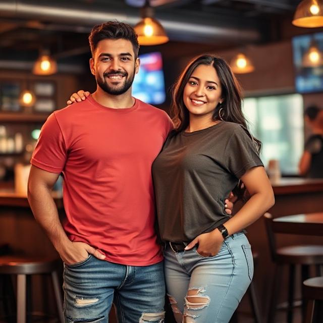 man wearing a basic t-shirt with distressed jeans at a sports bar with his curvy latino girlfriend