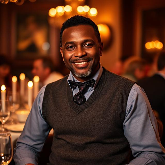 black man wearing sweater vest at a party