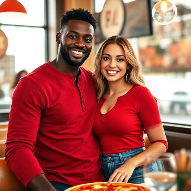 a black man wearing a red Henley shirt with his girlfriend at a pizzaria