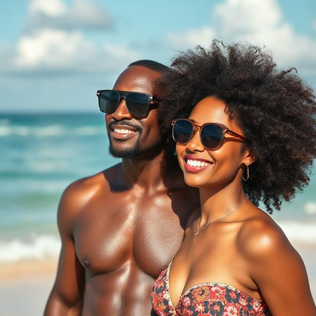 black man wearing sunglasses on beach with his afro-cuban wife