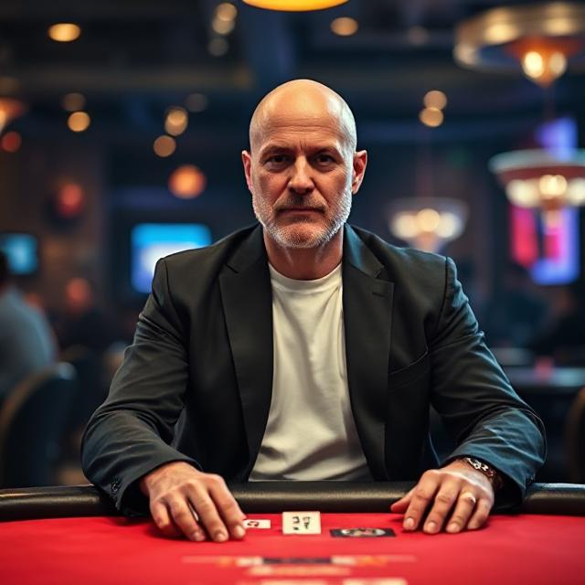 a white man wearing a white tee and a black blazer at at poker table