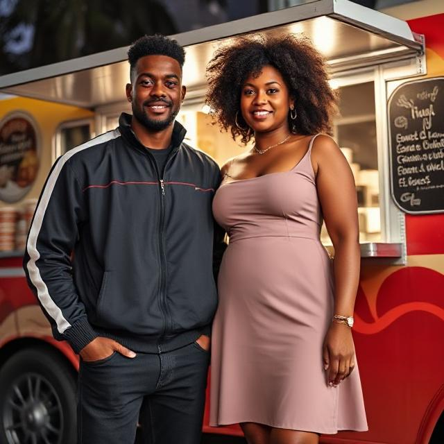 a blackman wearing a track jacket and black jeans with a pretty black woman