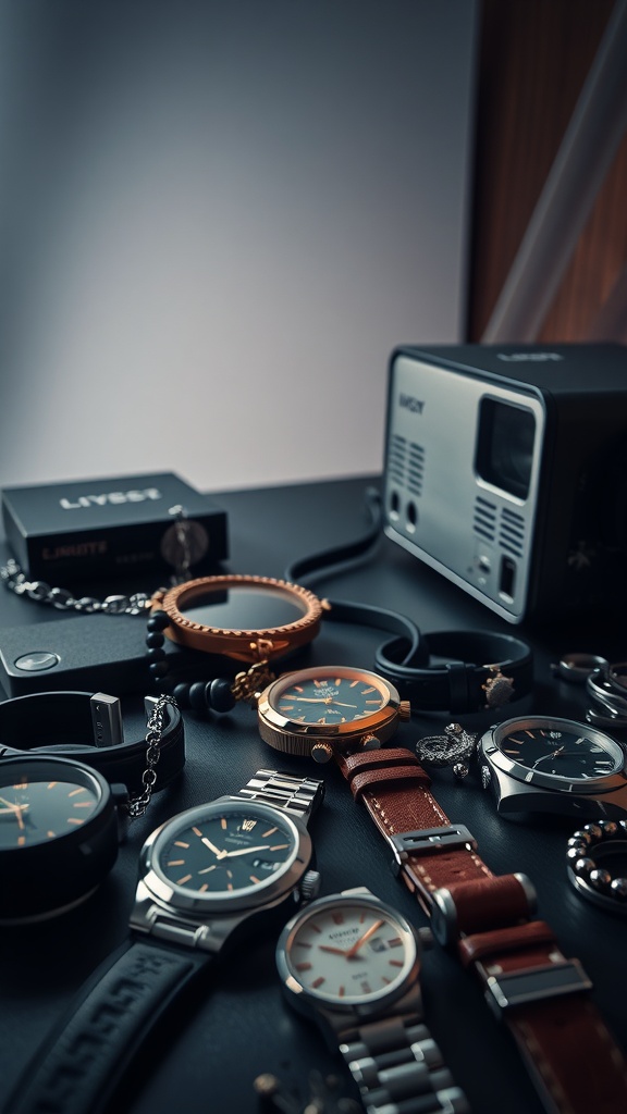 A collection of watches and bracelets displayed on a table, showcasing various styles and designs.