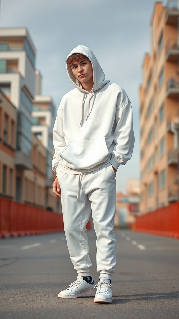 A young man wearing an all-white streetwear outfit consisting of a hoodie and joggers, standing on a city street.