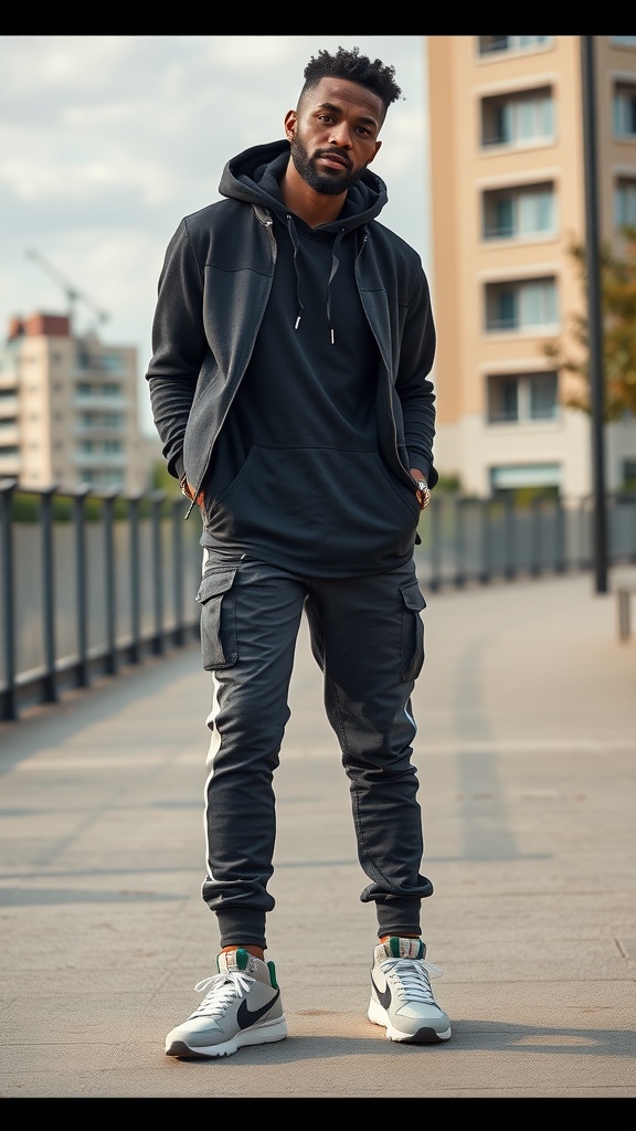 A young man in a gray hoodie and navy joggers, striking a confident pose in a casual outdoor setting.