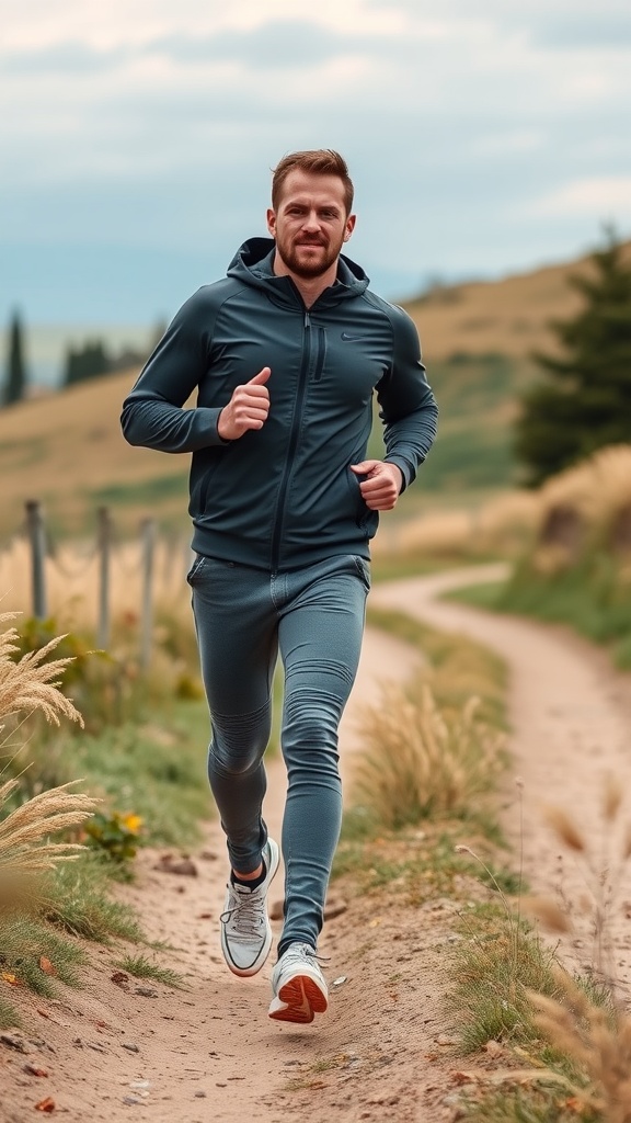 A man jogging on a path wearing a dark hoodie and grey jeans, showcasing an athleisure look with sneakers.