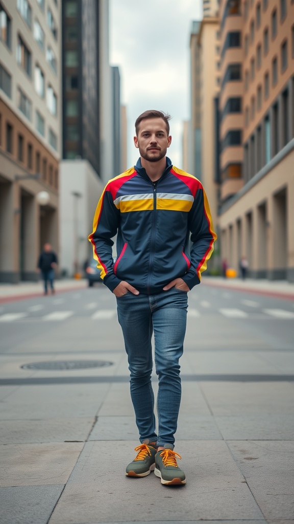 A man wearing a colorful track jacket and skinny jeans stands on an urban street.