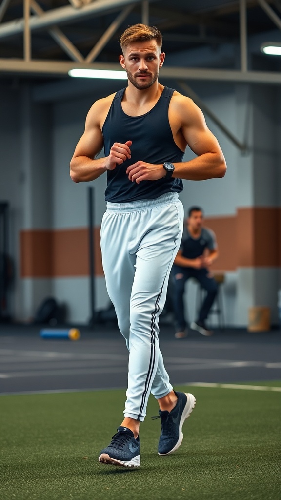 A man in a black tank top and light joggers running in a gym