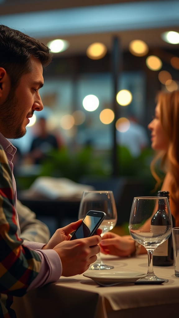 A man sitting at a restaurant table, looking at his phone while a woman sits across from him.