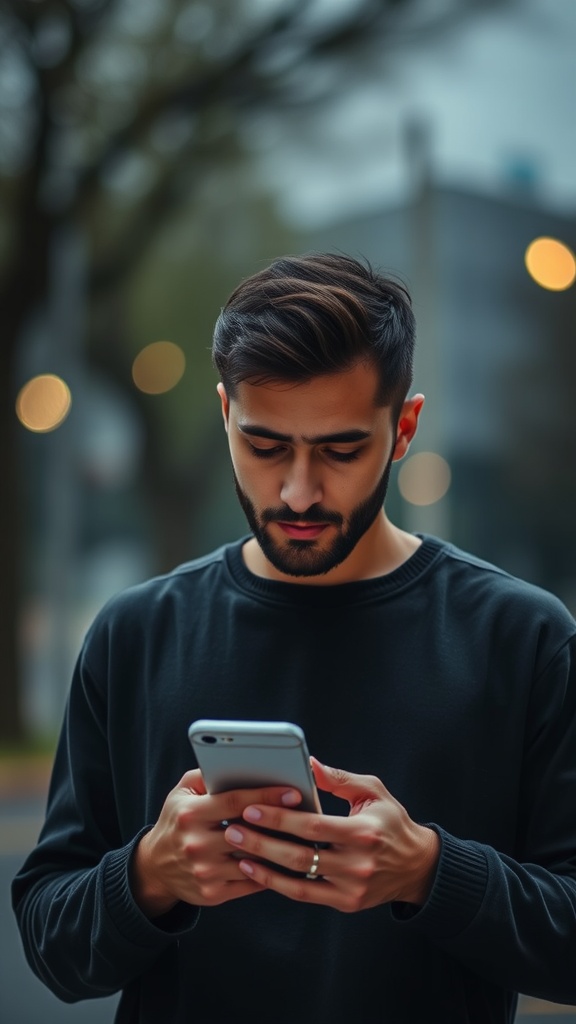 A man looking at his phone, appearing focused and thoughtful