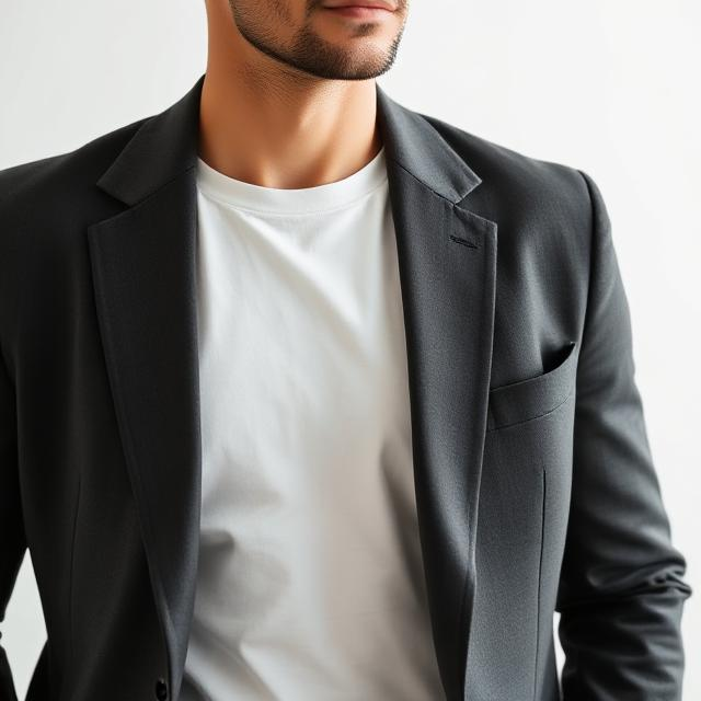 man wearing basic white tee with black blazer