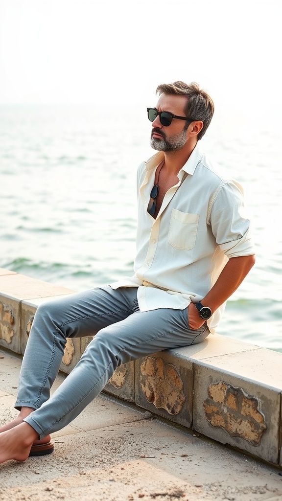 A man in a linen shirt and grey jeans sitting by the beach, looking relaxed