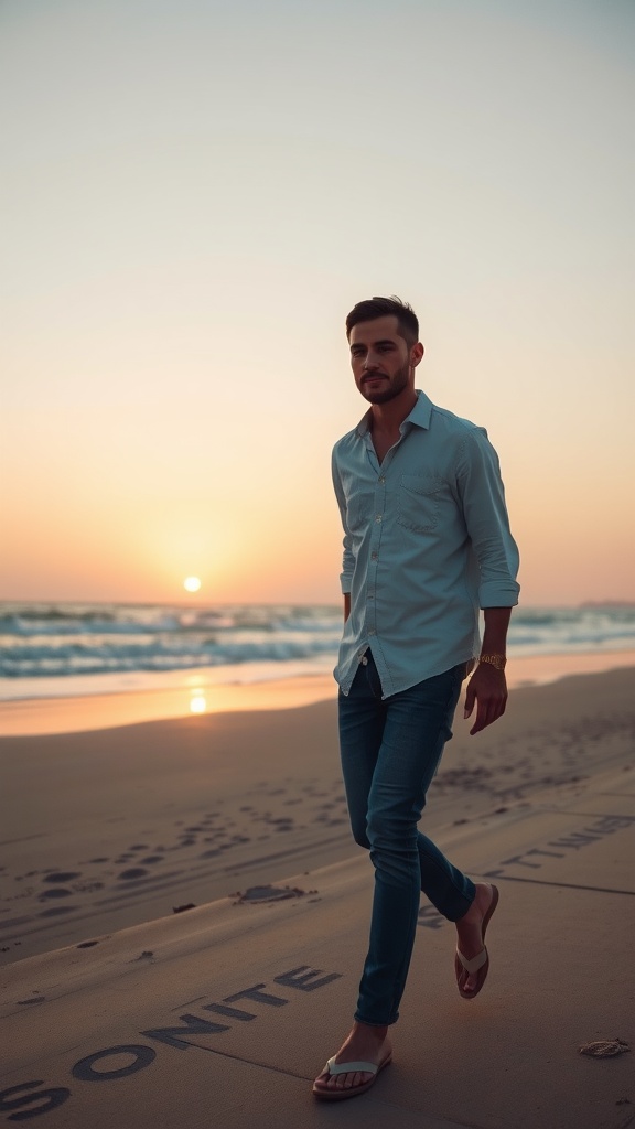 Man walking on the beach at sunset wearing a linen shirt and skinny jeans