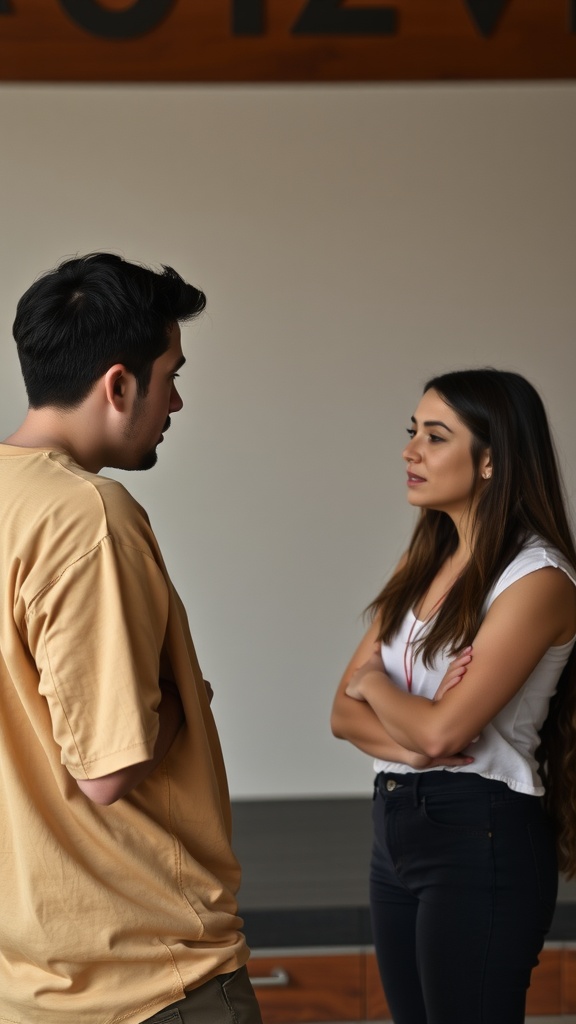 A man and a woman engaged in a conversation with subtle body language cues.