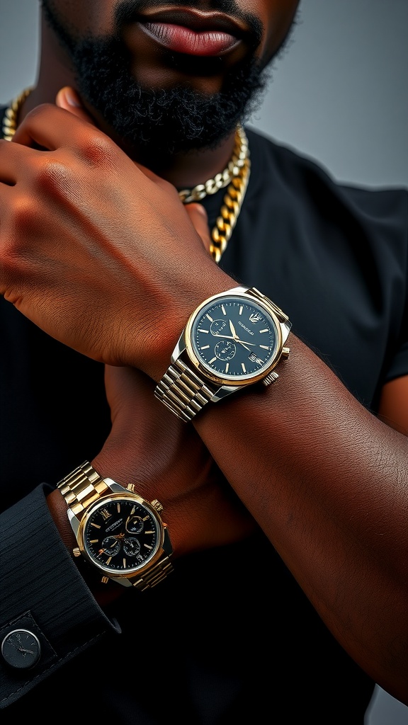 Close-up of a man's wrist adorned with a gold watch and multiple rings, wearing a black jacket