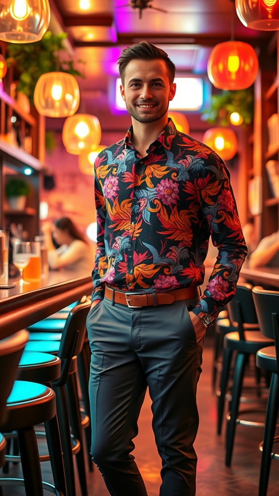 A man wearing a vibrant floral shirt and dark pants, standing confidently in a stylish bar.