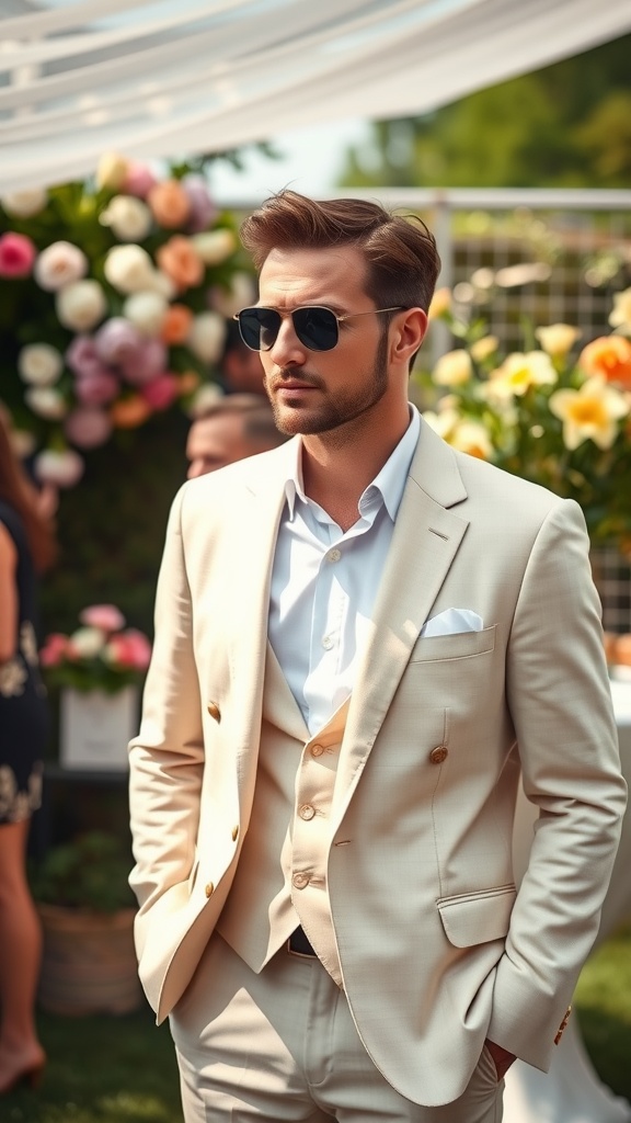 A man in a light linen suit with sunglasses at a floral backdrop.