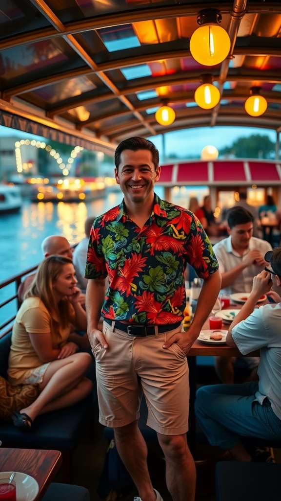 A man in a brightly patterned floral shirt and shorts smiling on a riverboat dinner cruise.