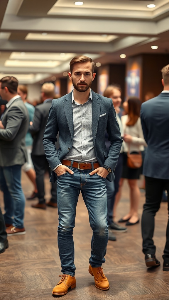 A man in a blazer and fitted jeans standing confidently at a business event.