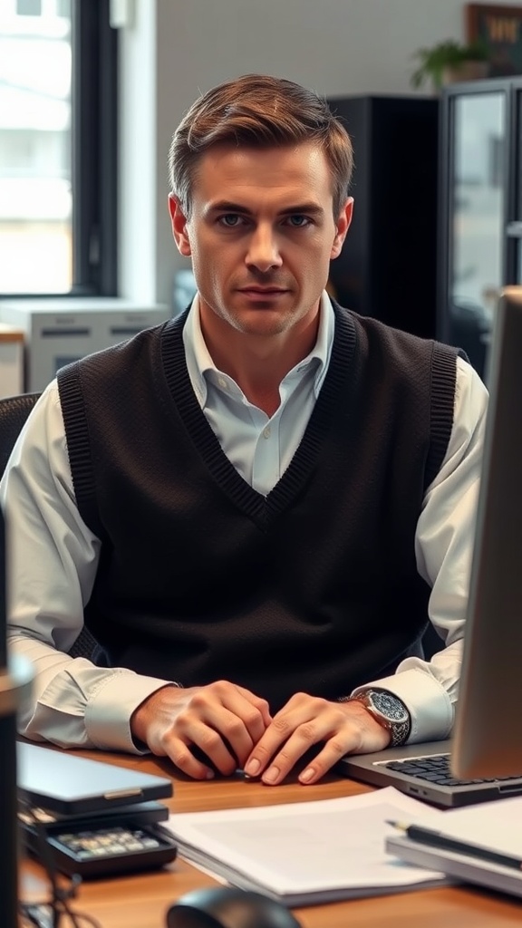 A man in a black sweater vest over a white shirt, seated at a desk in a modern office.