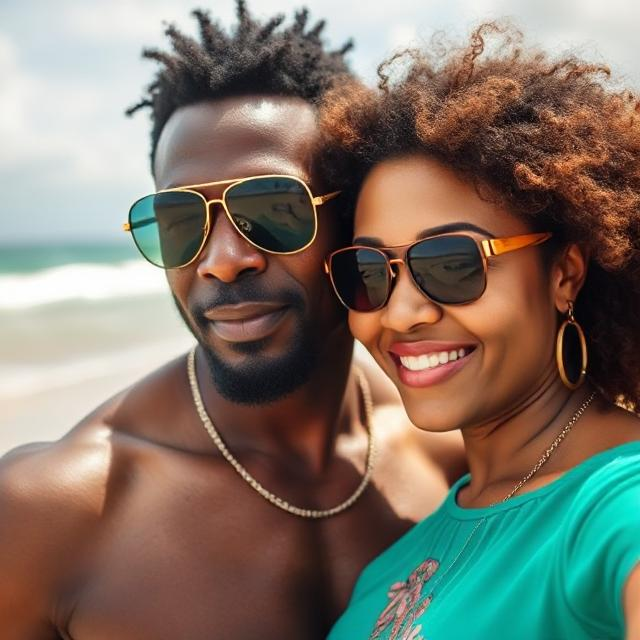 black man wearing sunglasses on beach with his afro-cuban wife