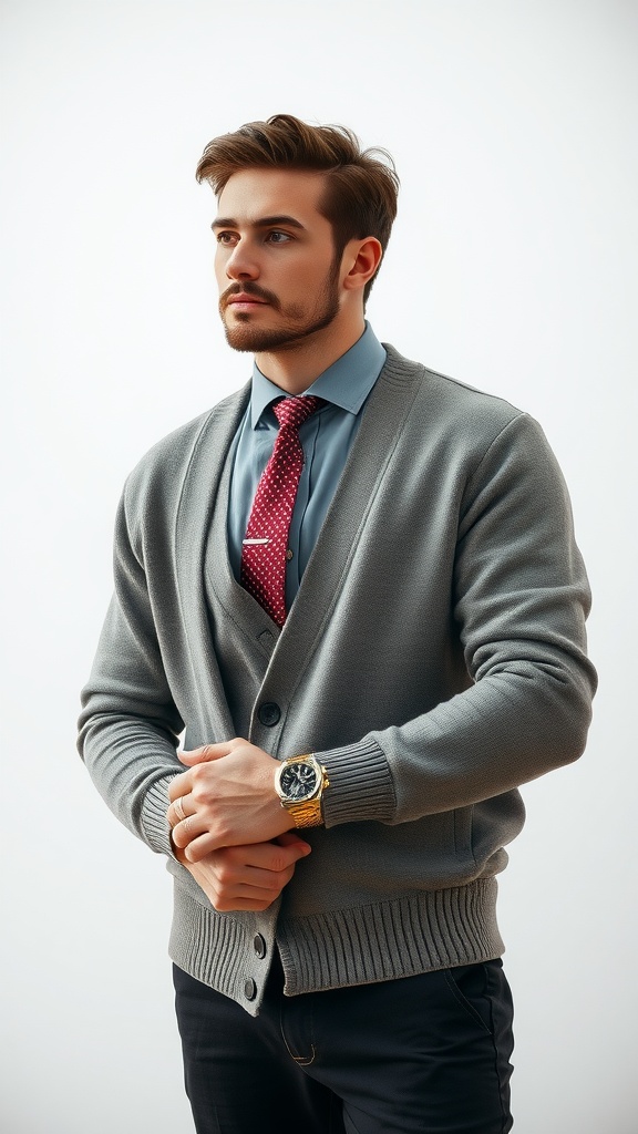 A man in a gray cardigan with a red tie and gold watch, displaying a stylish look.