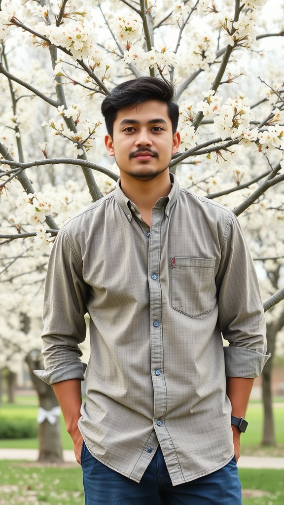 A young man wearing a casual button-up shirt with rolled sleeves, standing in front of flowering trees in spring.