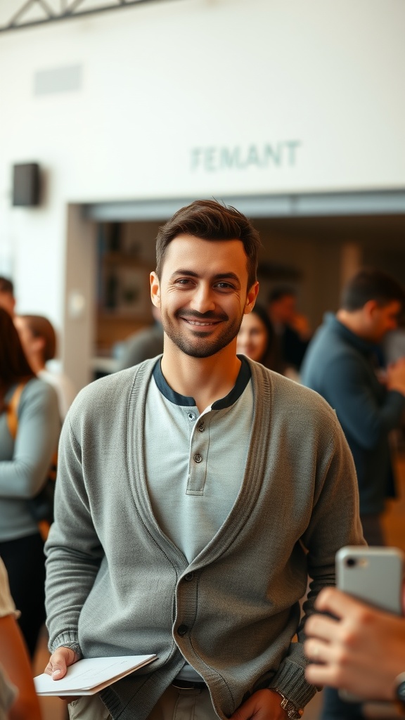 A man smiling in a light gray cardigan and polo shirt at a social gathering.