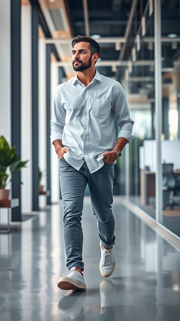 A man in a light blue shirt and white pants walking in an office corridor, wearing sneakers.