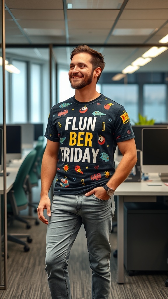 A man in an office setting wearing grey jeans and a colorful printed tee with the phrase 'FLUN BER FRIDAY'.