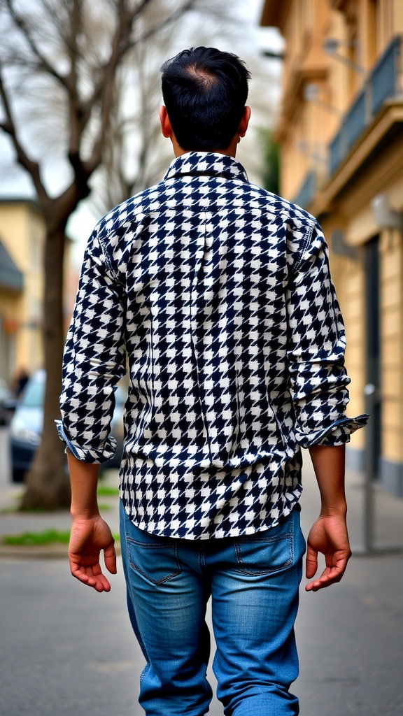 A man walking away wearing a houndstooth shirt and jeans in a casual setting.