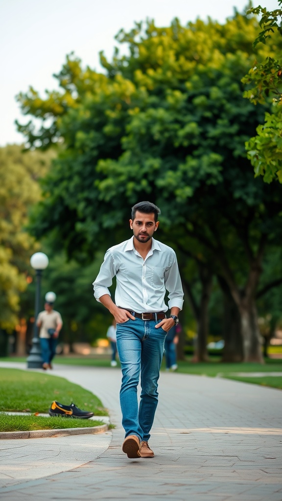 A man wearing a white shirt and jeans walking in a park.