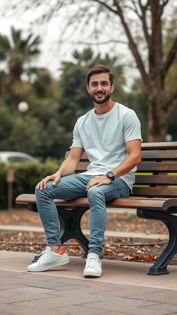 Young man sitting on a bench wearing skinny jeans and white sneakers.