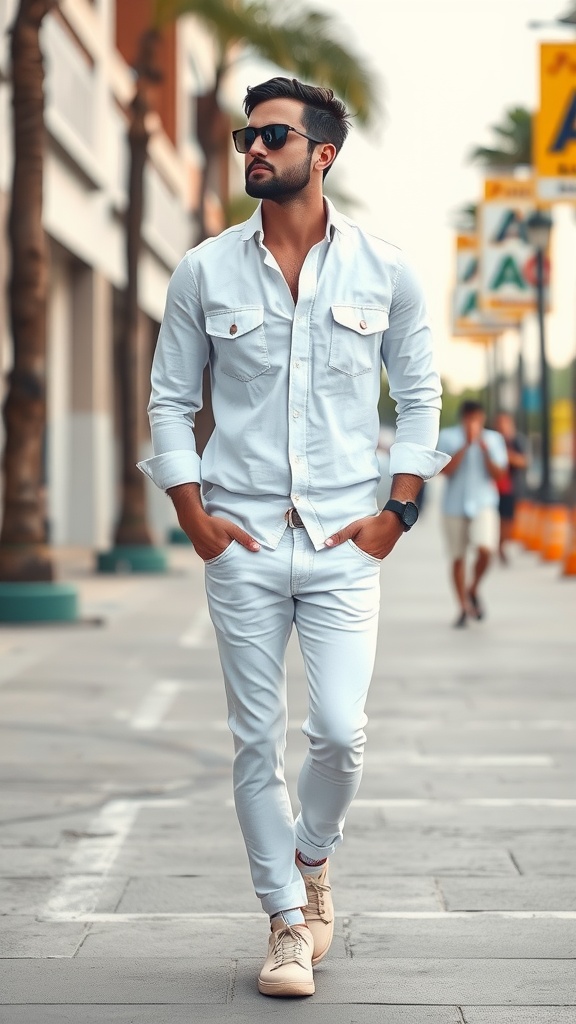 A man walking confidently in a casual white denim outfit, featuring a white denim shirt and white jeans, accessorized with sunglasses and beige sneakers.