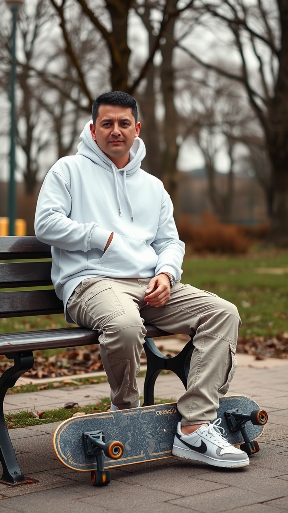 A man sitting on a bench wearing a white hoodie and cargo pants, with a skateboard beside him.