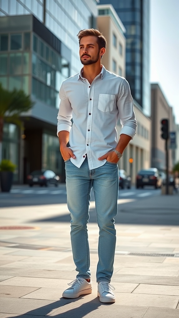 A man wearing a casual white shirt and light blue jeans, standing confidently on a city street.