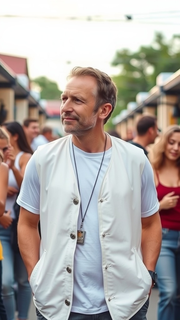 A man wearing a white vest and t-shirt, casually strolling among a crowd.