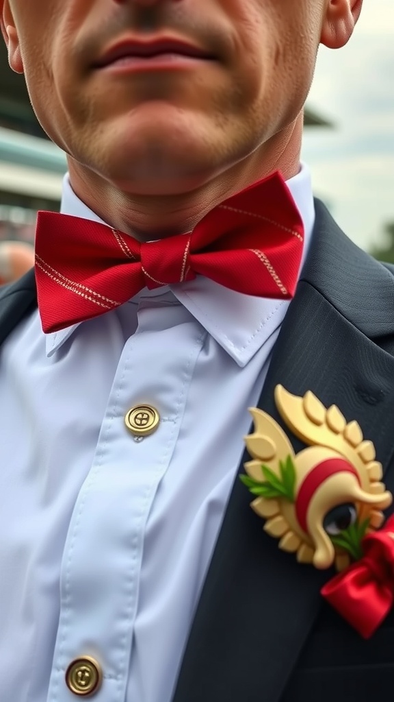 Close-up of a man's bow tie and pocket square combination at a derby event.