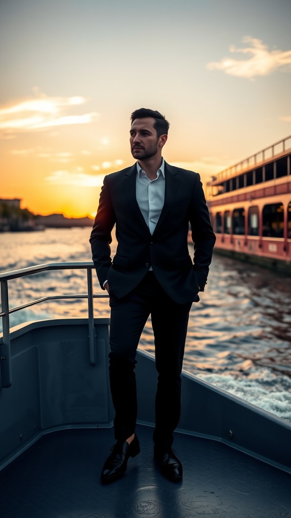 A well-dressed man in a black suit standing on a riverboat at sunset.