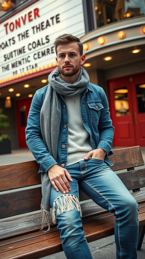 A stylish outfit displayed on a bench outside a movie theater, featuring a denim jacket, oversized sweater, colorful scarf, and a casual bag.