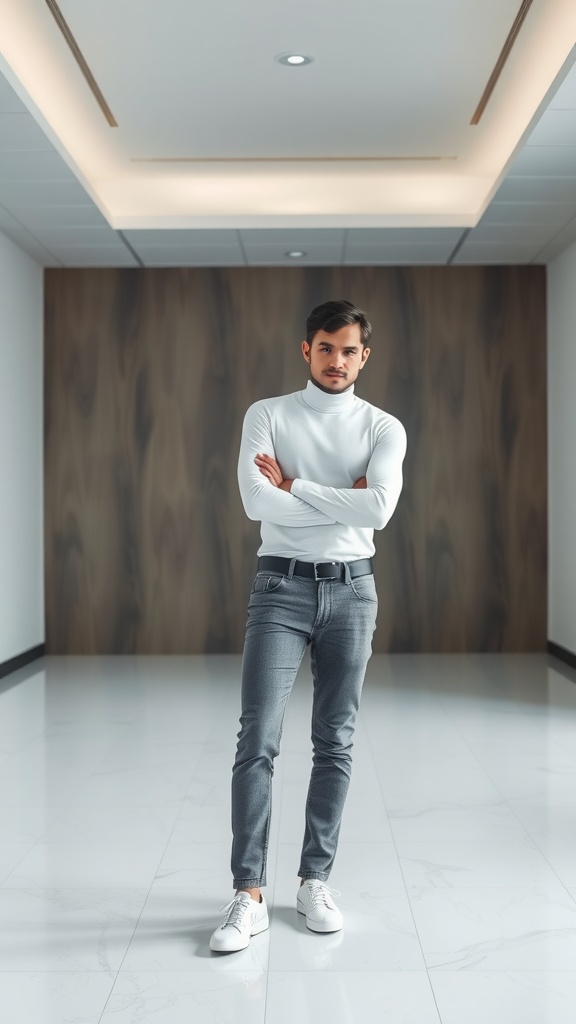 A man wearing a white turtleneck and grey jeans, standing confidently in a modern space.