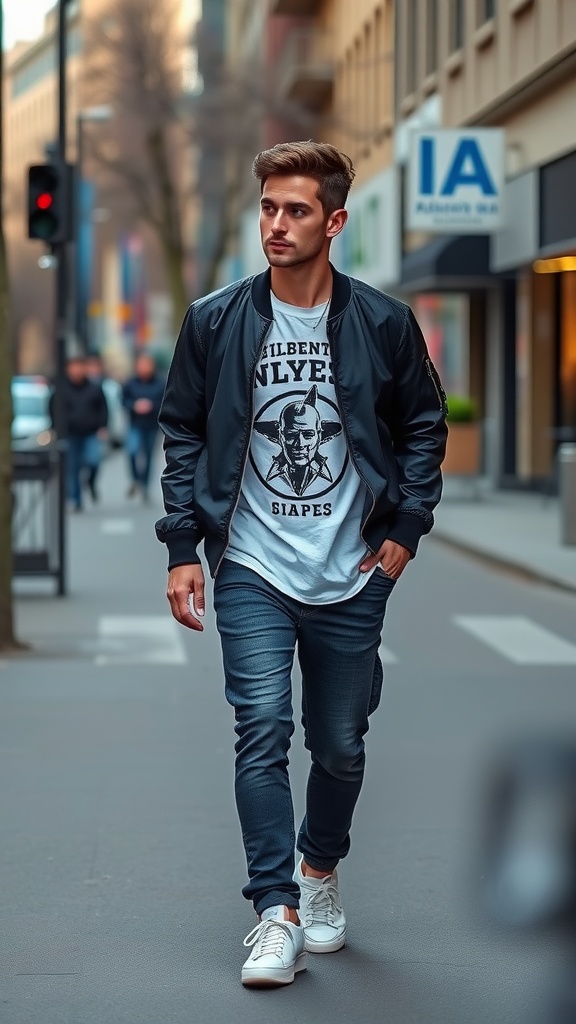 A young man walking in a city street wearing a graphic tee, bomber jacket, and jeans.