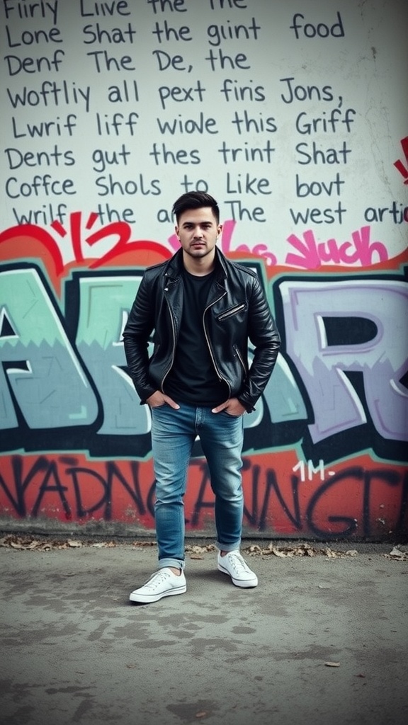 A man in a leather jacket and skinny jeans standing against a colorful graffiti wall.