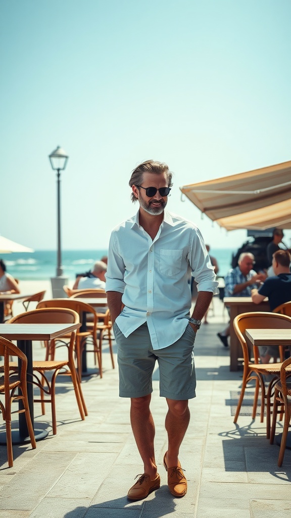 A man wearing a white shirt and shorts walking in a sunny outdoor setting near the beach.