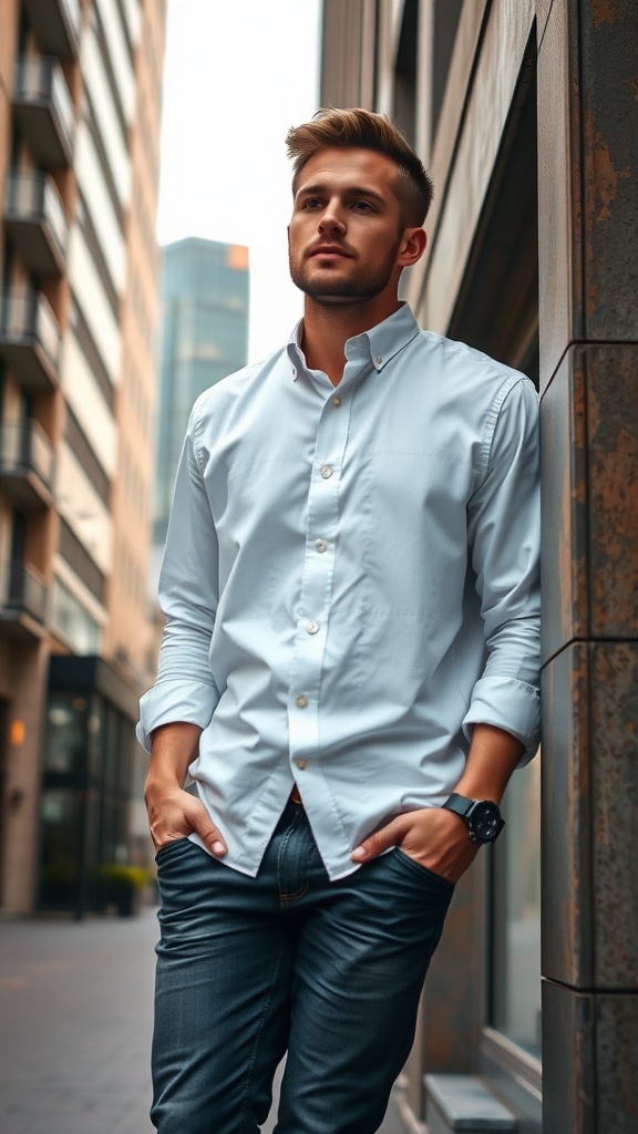 A man in a chic white button-up shirt and dark jeans, standing against a city backdrop.